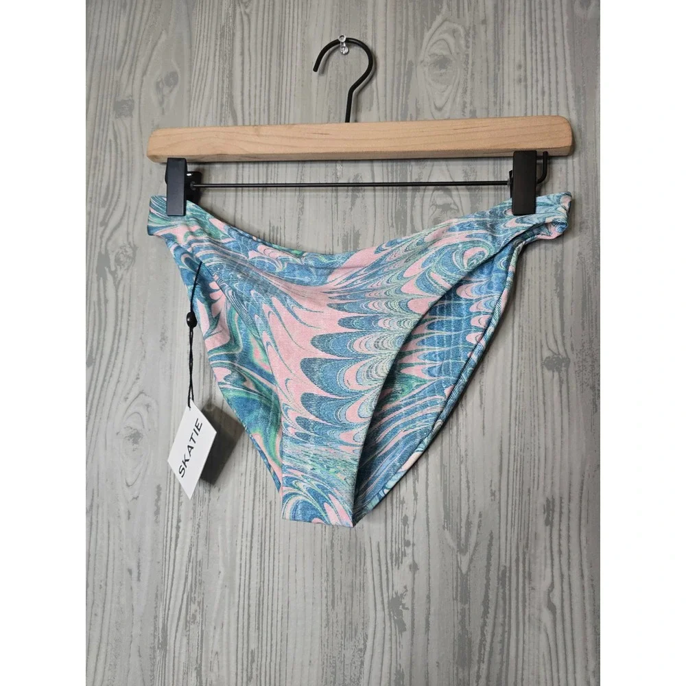 SKATIE Bikini Bottoms Womens Large Marble Swirl Print Blue Pink Sustainable New